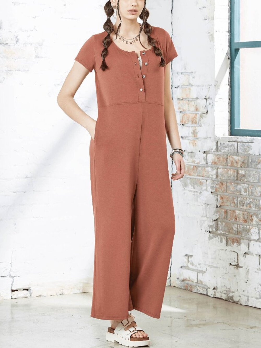 B68 French Terry Wide Leg Short Sleeve Pockets Jumpsuit Rust NEW